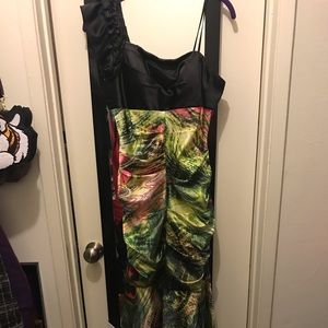 Peacock print one shoulder mermaid gown